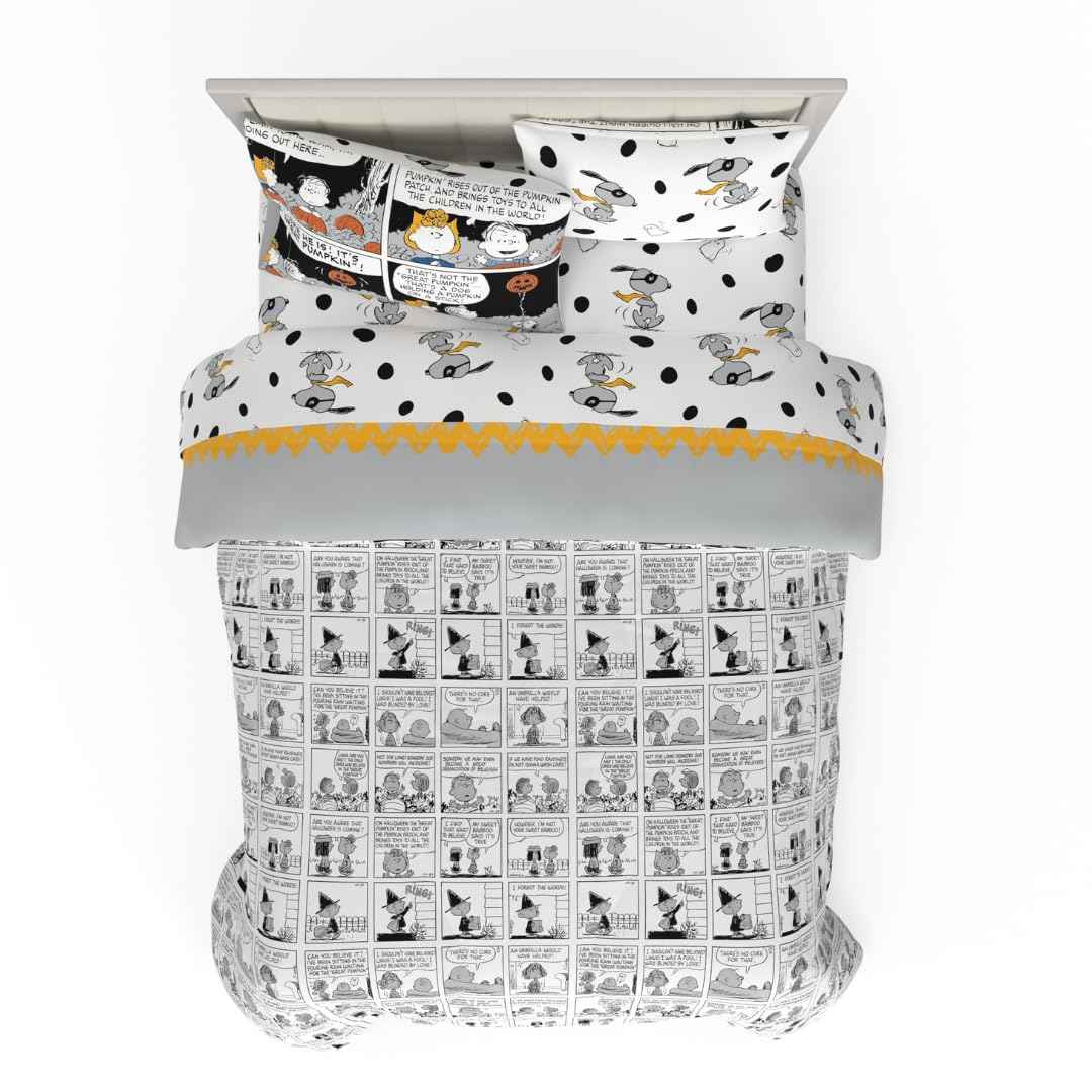 Peanuts Halloween Queen Bed Set – Super Soft & Cozy 5 Piece Reversible Comforter and Sheet Set Featuring Snoopy & Charlie Brown, (Official Peanuts® Product) by Franco