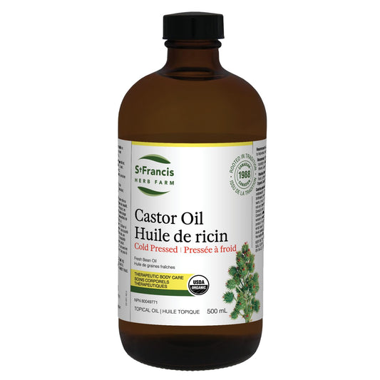 ST FRANCIS HERB FARM Castor Oil (500ml) USDA Certified Organic, Cold Pressed, Hexane-Free, GMO Free, Vegan, Vegetarian, Sealed in Protective Amber Glass (1 Bottle) Hair, Skin, and Nail Care 🍁 All In One Marketplace Canada