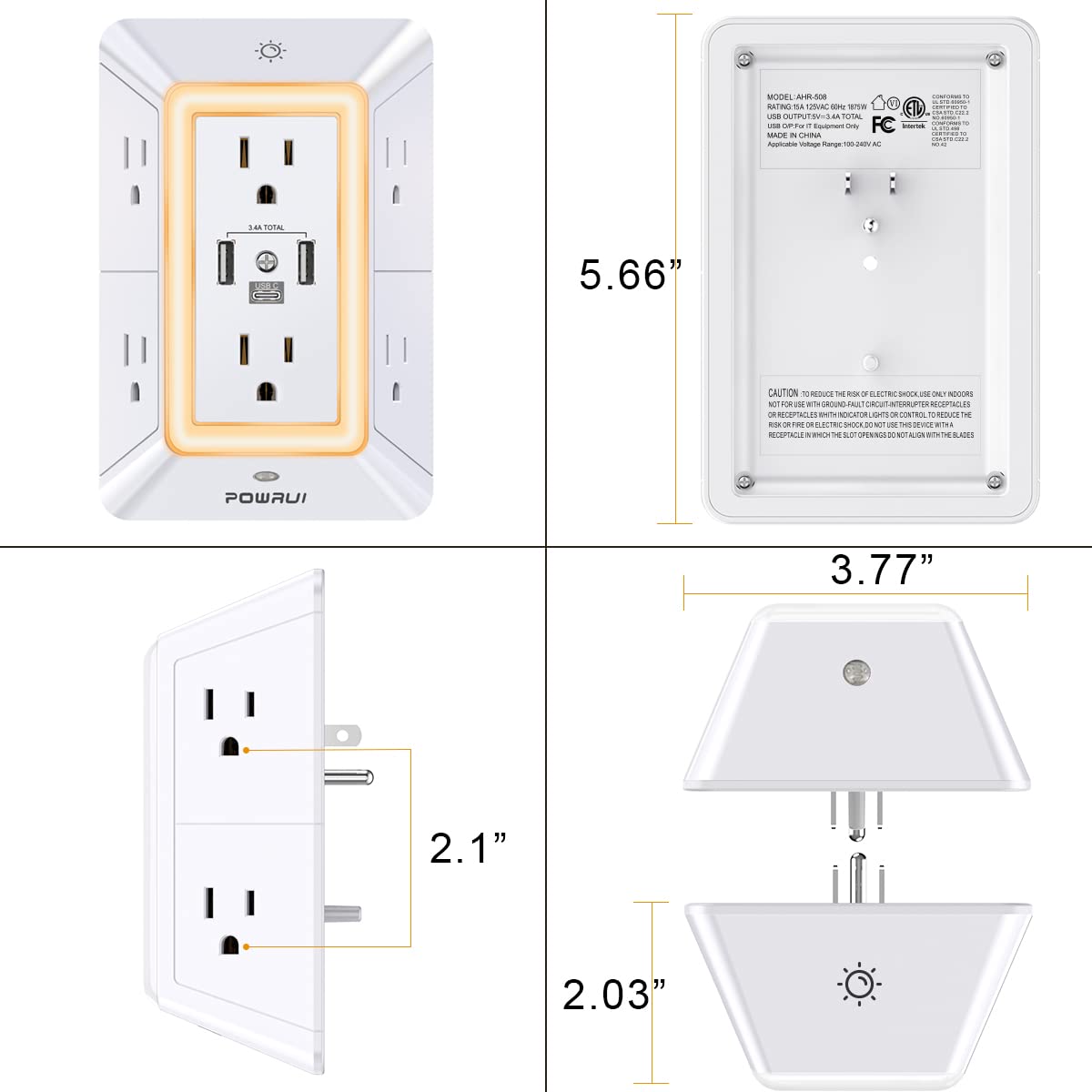 3-Sided Power Bars with Surge Protector, POWRUI 6-Outlet Extender with 3 USB Ports (1 USB C) and Night Light, Multi Plug Outlet and Spaced Outlets Adapter, ETL, White 🍁 All In One Marketplace Canada