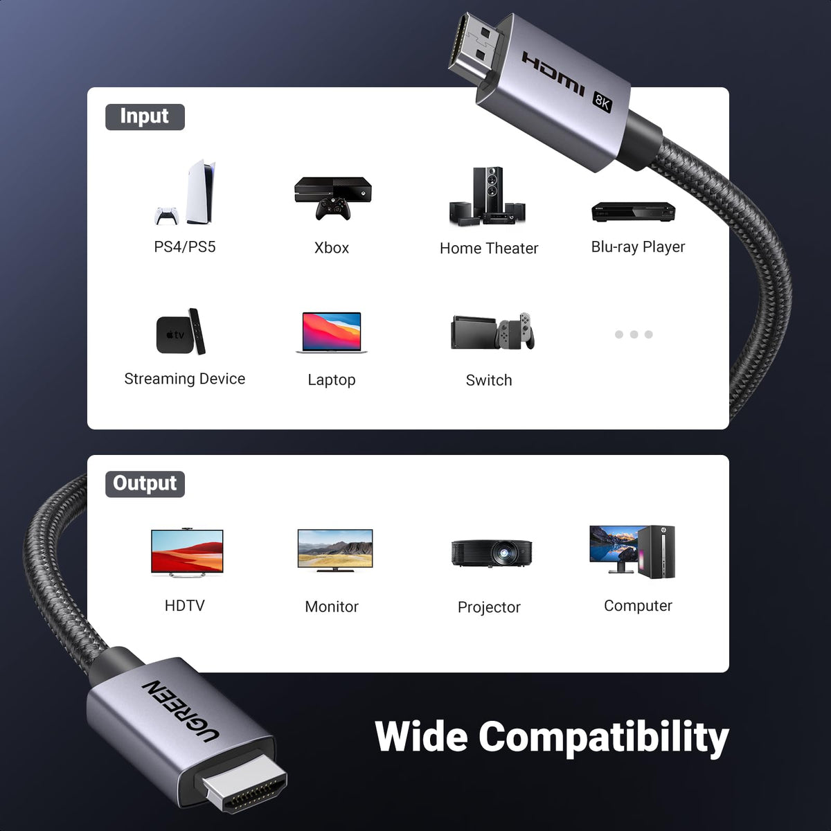 UGREEN 10K 8K HDMI 2.1 Cable 48Gbps 6.6FT, Certified 8K@60Hz 4K@120Hz 144Hz High Speed Gaming Cable Braided Cord, eARC HDCP 2.3 Dynamic HDR Compatible for HDTV/PS5/Xbox/SoundBar/RTX3090/Blu-ray 🍁 All In One Marketplace Canada