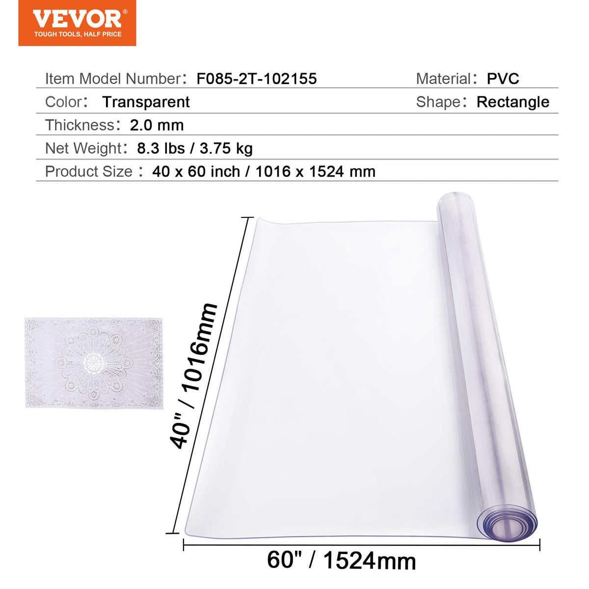 VEVOR Plastic Table Cover, 40 x 60 Inch 2.0 mm Thick Clear Table Protector, Rectangle PVC Desk Mat, Waterproof & Easy Cleaning Desk Pad Tablecloth, for Office Dresser Dining Room Table Night Stand 🍁 All In One Marketplace Canada