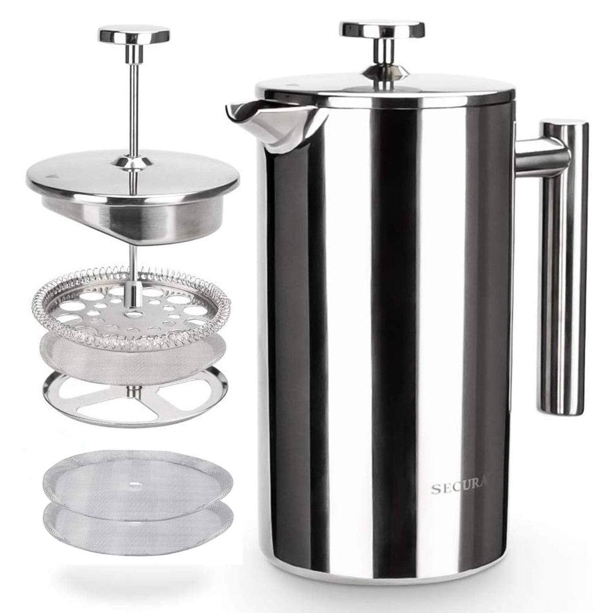 Secura French Press Coffee Maker, 304 Grade Stainless Steel Insulated Coffee Press with 2 Extra Screens, 34oz (1 Litre), Silver 🍁 All In One Marketplace Canada