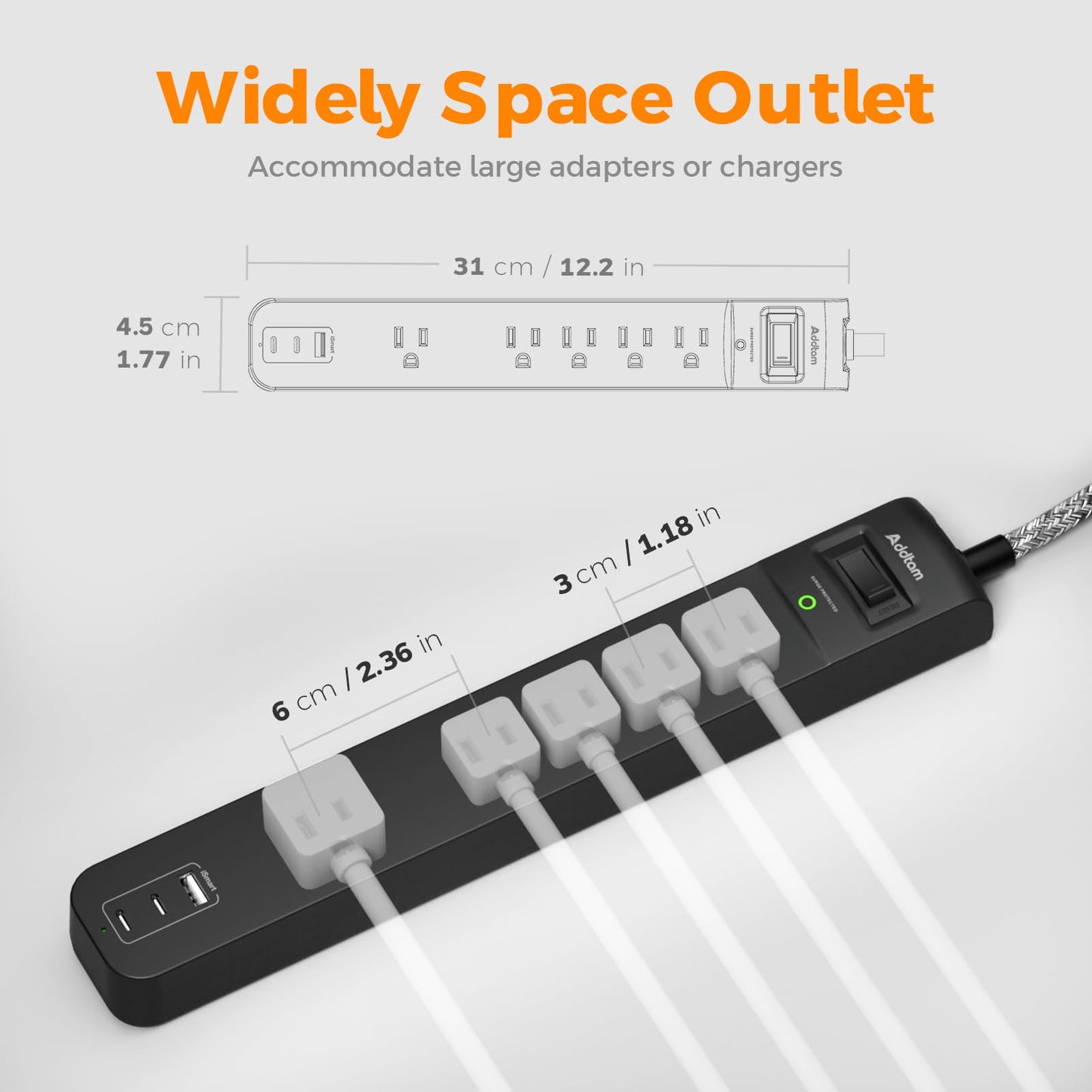 2 Pack Power Bar Surge Protector - 5 Widely Spaced Outlets 3 USB Charging Ports(2 USB C), 1875W/15A with 6Ft Braided Extension Cord, Flat Plug, Overload Surge Protection, Wall Mount for Home Office 🍁 All In One Marketplace Canada