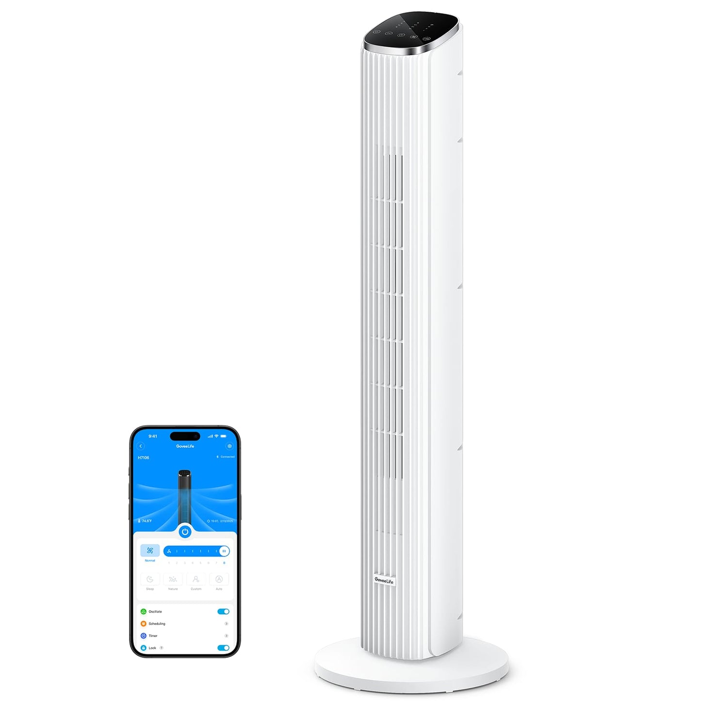 GoveeLife White Tower Fan for Bedroom, 36" Smart Floor Fan with App/Voice Control, Temperature Sensor, 5 Modes 8 Speeds(25ft/s), 29dB Quiet Oscillating Fan for Office, 24H Timer, Auto Cooling 🍁 All In One Marketplace Canada