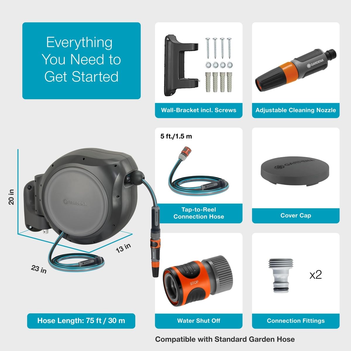 GARDENA 20502-80, Retractable Garden Hose Reel 75' x 1/2" Hose, Wall Mounted, Automatic Retraction & Length Lock for Easy Watering. Heavy Duty Swivel Bracket 180°, Includes Nozzle. Made in Europe 🍁 All In One Marketplace Canada