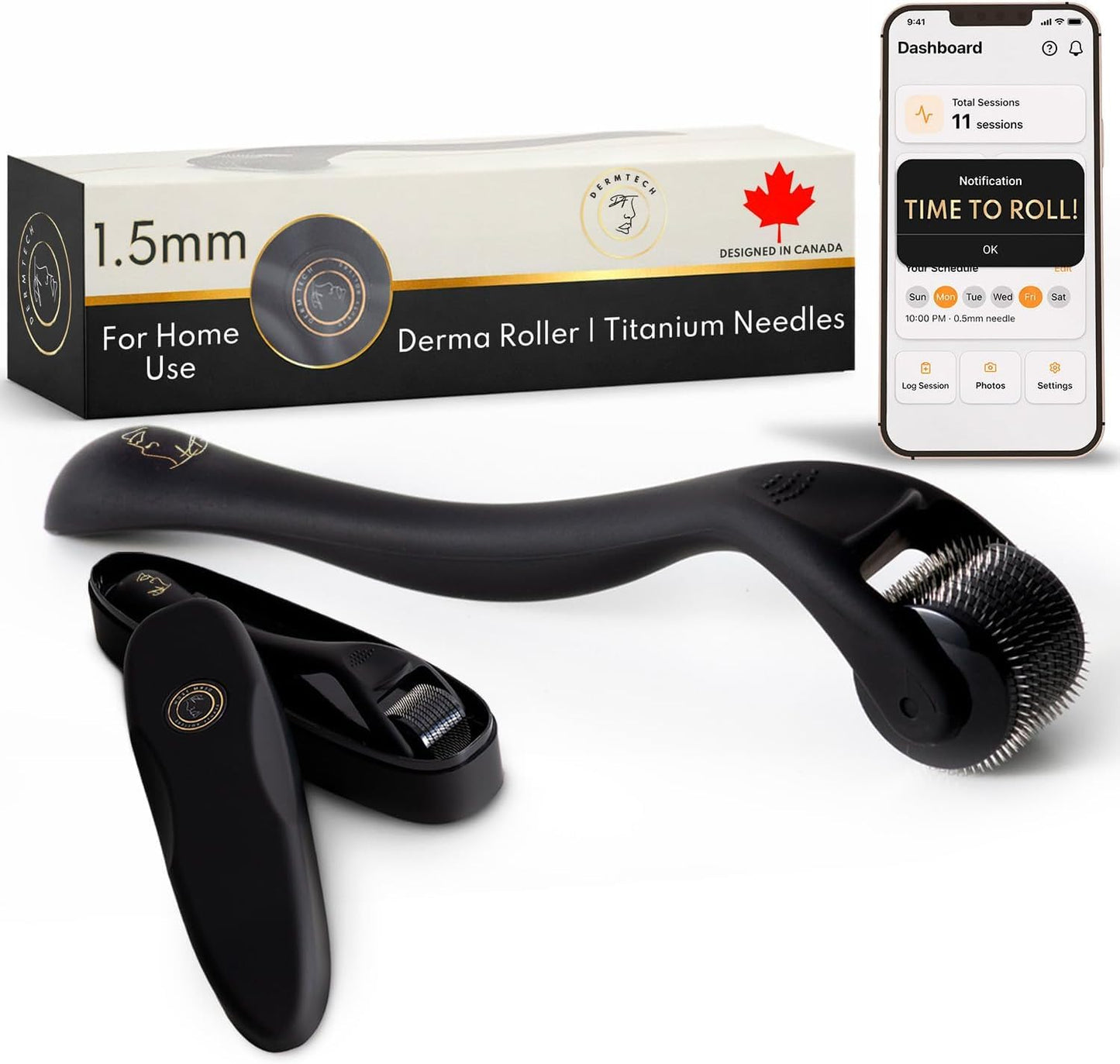 Derma Microneedling Roller - 1.5mm Titanium Needles - Designed in Canada - for Men and Women - Storage Case Included (Matte Black) 🍁 All In One Marketplace Canada
