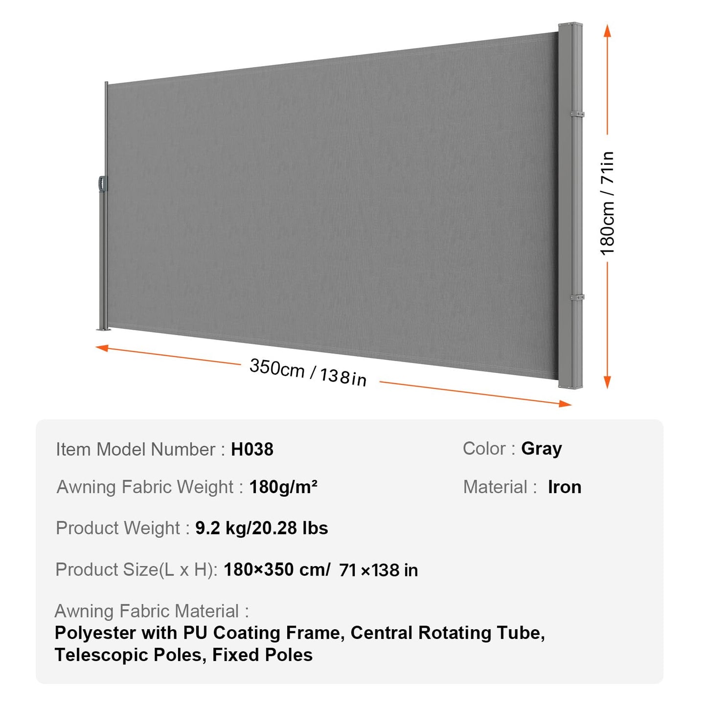 VEVOR Retractable Side Awning, 71''x 138'' Outdoor Privacy Screen, 180g Polyester Water-Proof Retractable Patio Screen, UV 30+ Room Divider Wind Screen for Patio, Backyard, Balcony, Gray 🍁 All In One Marketplace Canada