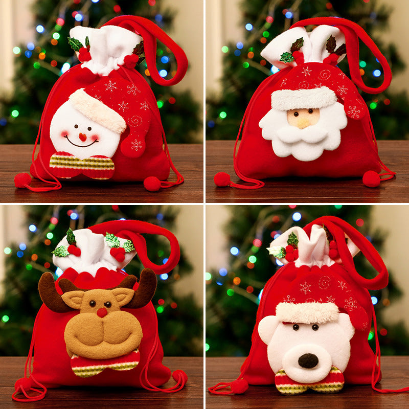 Brushed Christmas Gift Bags with 3D Santa Snowman Reindeer Bear, Red Drawstring Candy Bags, Felt Holiday Gift Bags