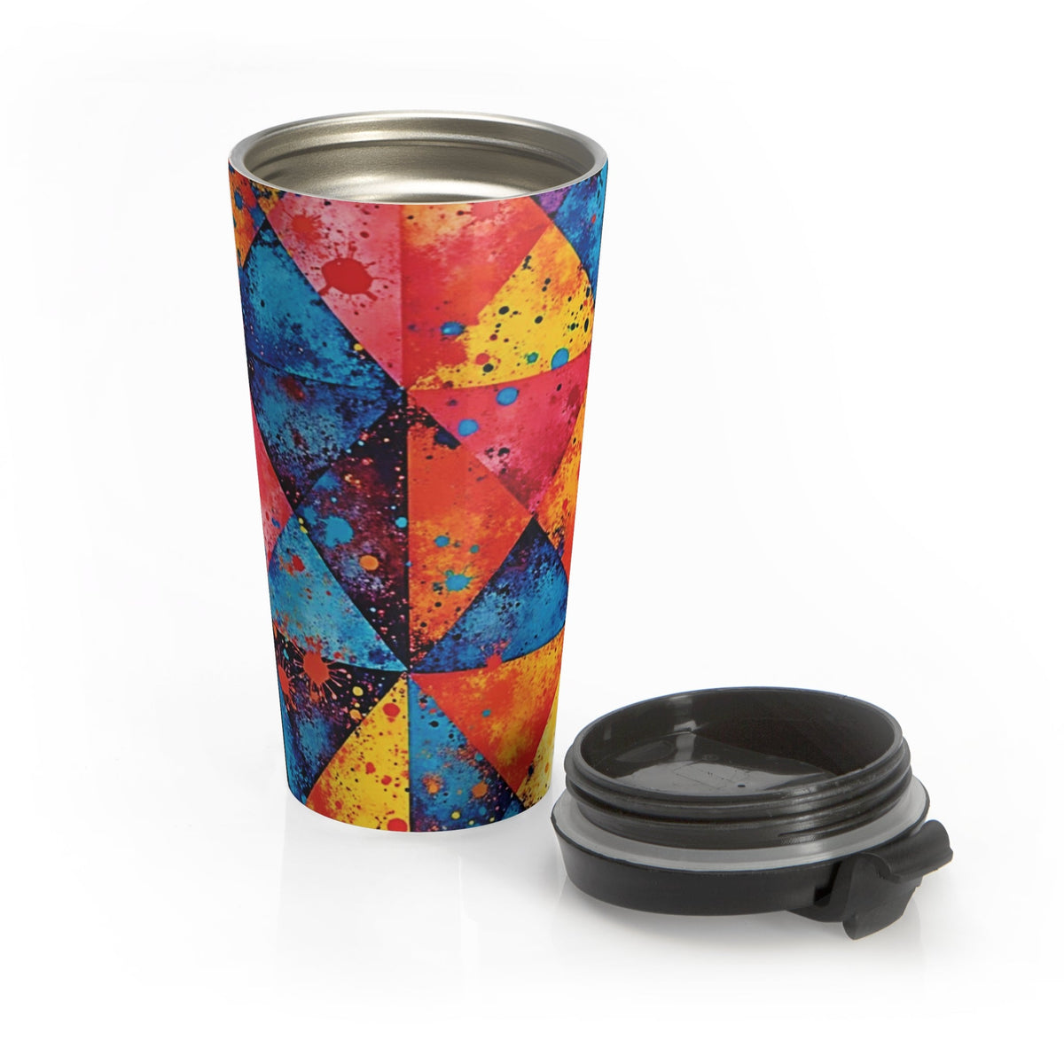 Colorful Geometric Splash Travel Mug — Stainless Steel Insulated Tumbler
