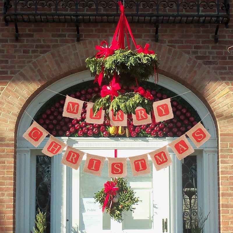 Merry Christmas Burlap Banner Garland, 14pc Sackcloth Flags Decoration