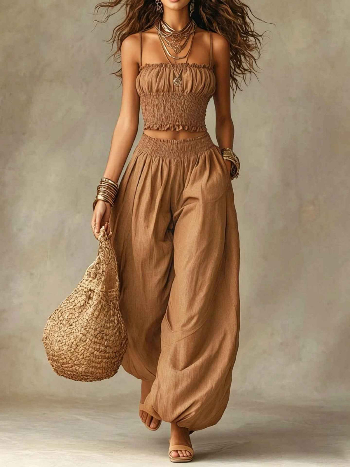 Women's Strapless Two Piece Set – Crop Top and Wide Leg Lantern Pants Outfit