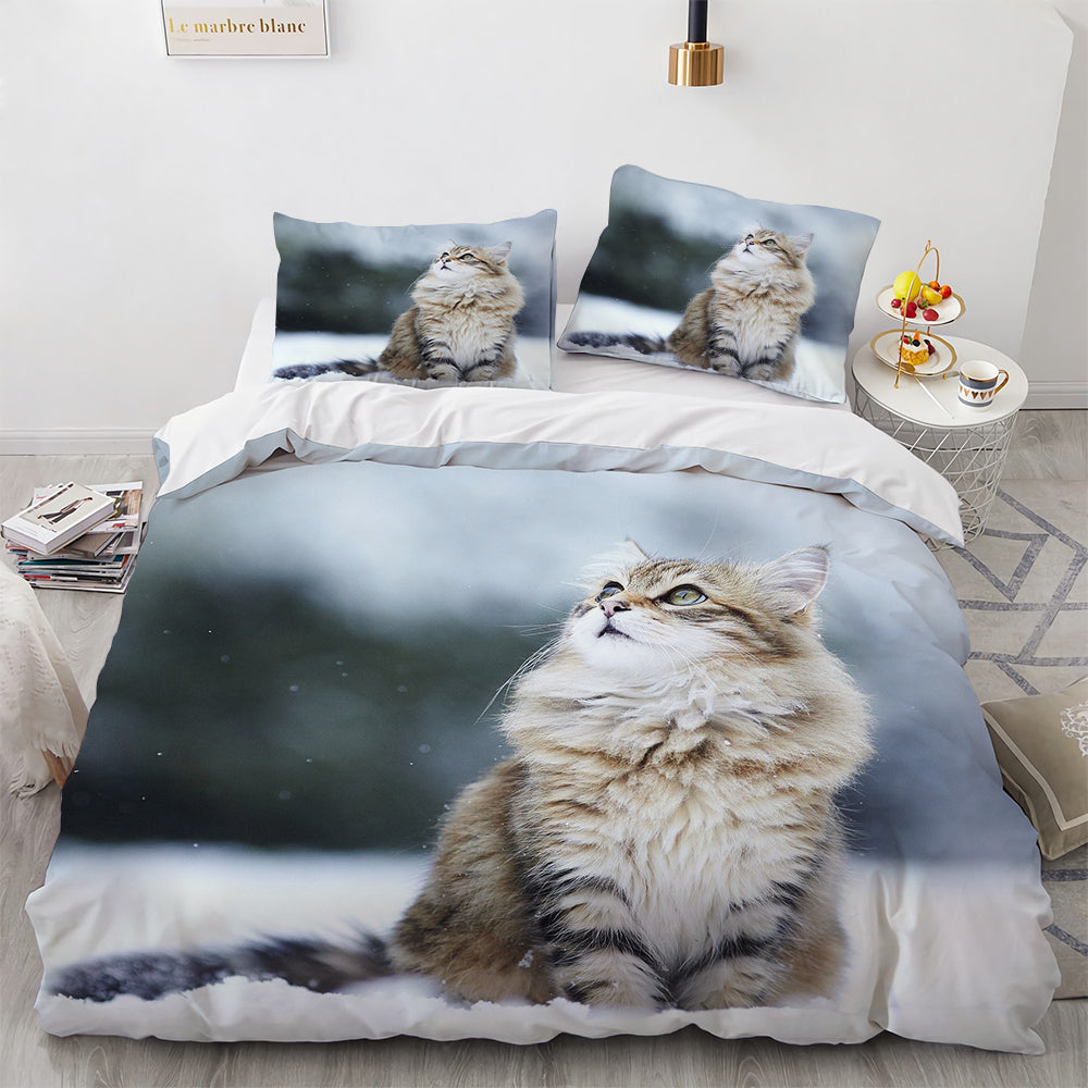 White Cute Cat Duvet Cover Bedding Set