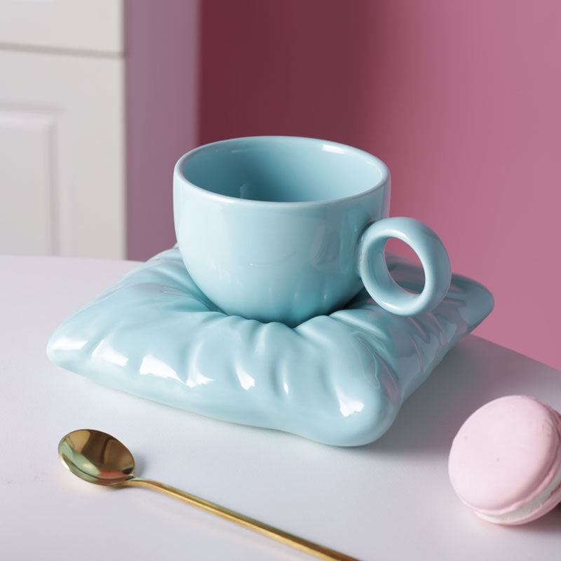 Nordic Ceramic Cup with Pillow Saucer Coaster, Creative Couple Coffee Tea Cup & Saucer Gift Set, 7 Colors