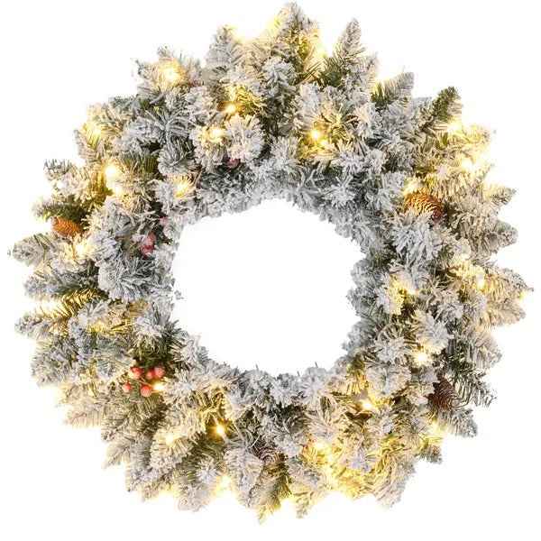 24-Inch Flocked Christmas Wreath with Lights – Green Pine Cones & Berries Holiday Decor (United States & Canada Delivery Only)