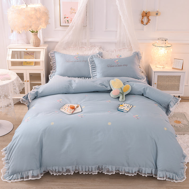 Summer Ruffled Cotton Bedding Set Embroidered Floral Bed Skirt