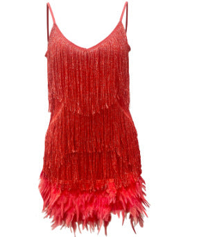Women’s Sequin Feather Tassel Mini Dress – V-Neck Spaghetti Strap Evening Party Dress
