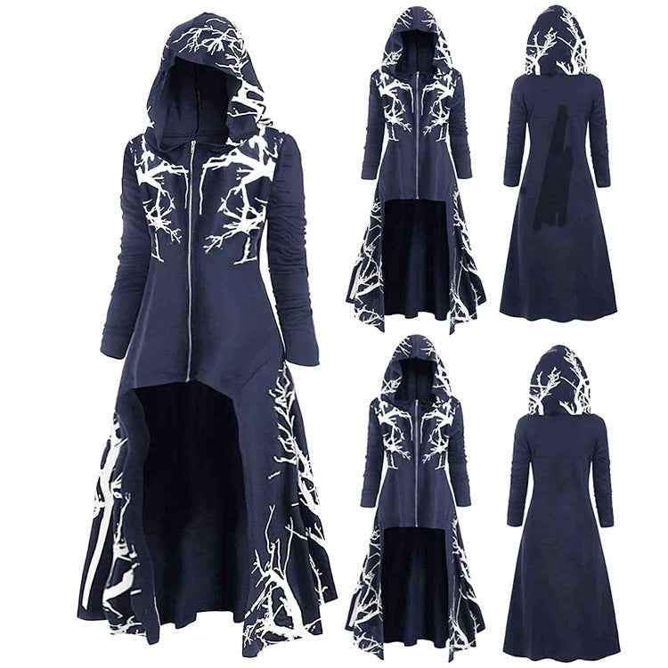 Gothic Halloween Cape Jacket for Women – Printed Long Sleeve Zip-Up Costume Coat