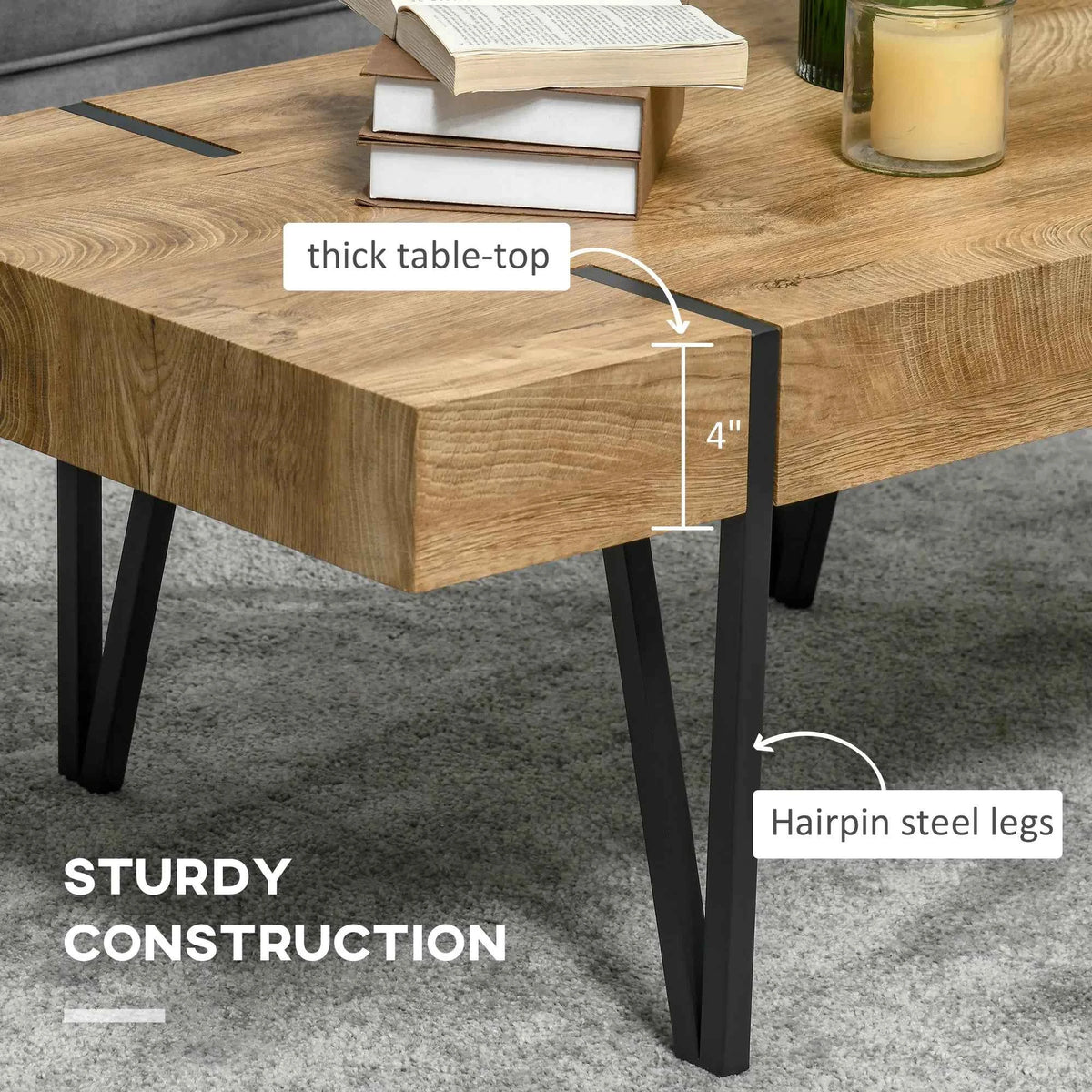 Rustic Rectangular Coffee Table – Natural Wood Center Table with Steel Hairpin Legs (United States & Canada Delivery Only)