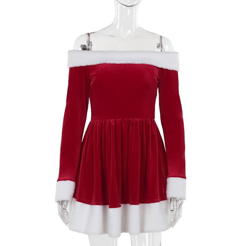 Women's Santa Costume Dress – Off-Shoulder Christmas Party Dress with Plush Trim