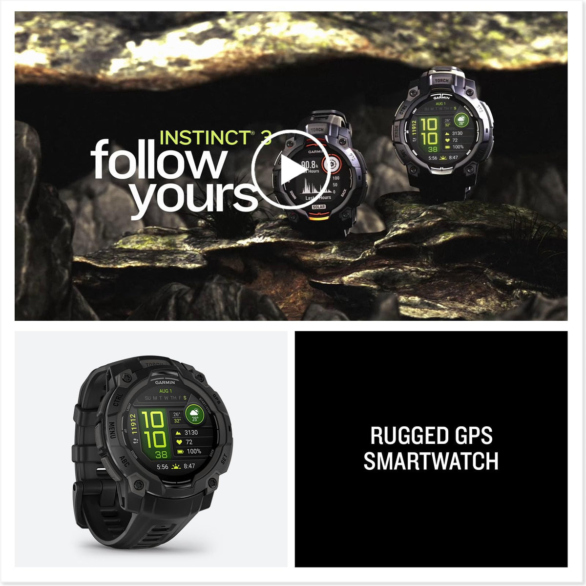 Garmin Instinct® 3 45mm, AMOLED Display, Rugged Outdoor GPS Smartwatch, Metal-Reinforced Bezel, Built-in Flashlight, Up to 18 Days of Battery Life, Black 🍁 All In One Marketplace Canada