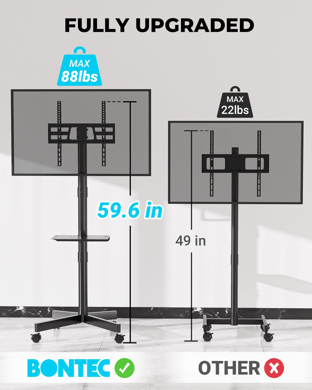 BONTEC Mobile TV Stand with Tilt Function, Rolling TV Cart for 23-60" LED, LCD, OLED TVs, Holds up to 88lbs, Max VESA 400x400mm, Adjustable Media Shelf, TV Stand for Living Room, Bedroom, Office 🍁 All In One Marketplace Canada