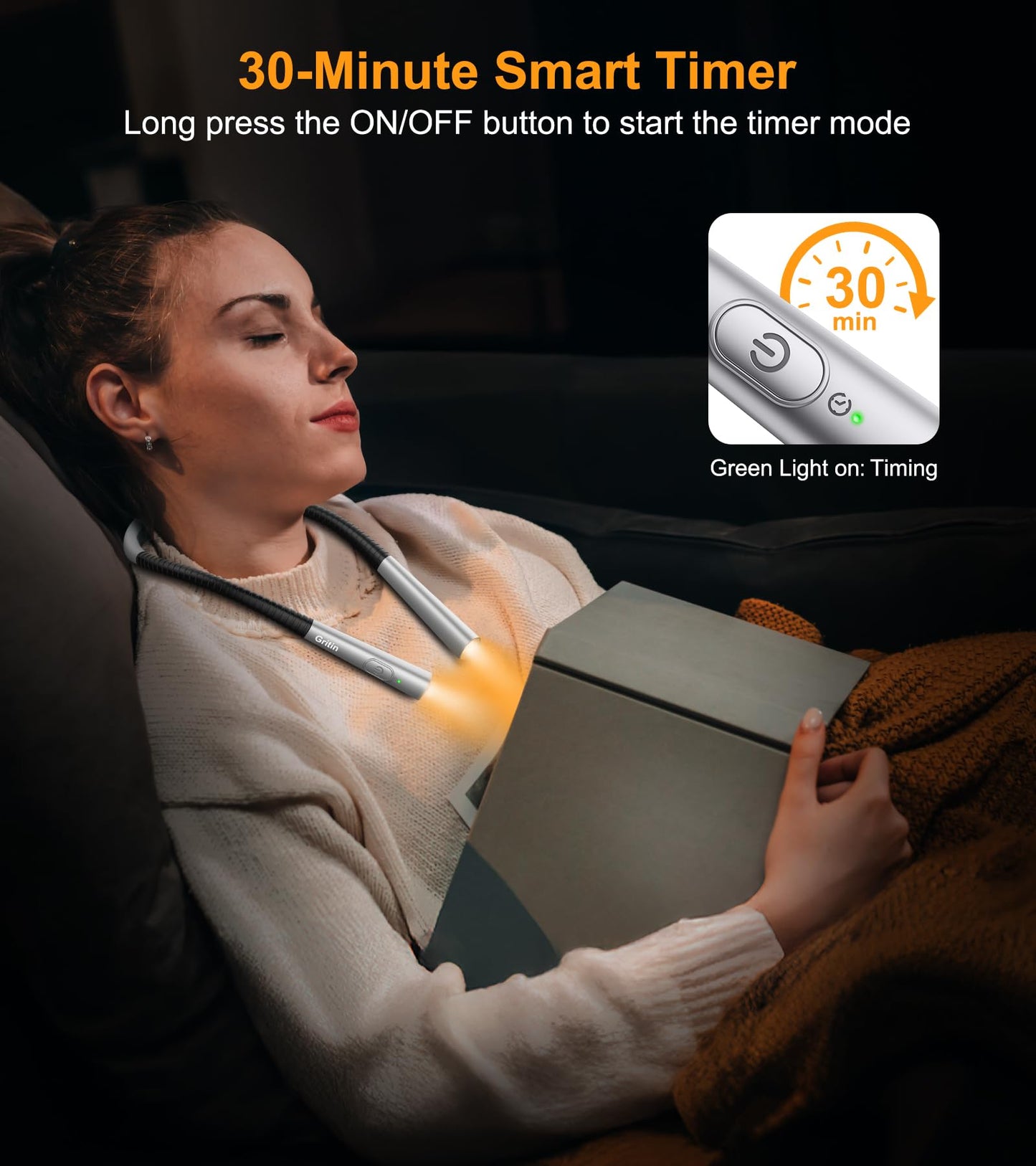Gritin Rechargeable Book Light, Eye Caring Neck Reading Light 4-Color&5-Brightness, Stepless Dimming, 30-min Timer, 80H+ Runtime, Bendable Round Neck Design, Lightweight for Reading,Knitting,Repairing 🍁 All In One Marketplace Canada