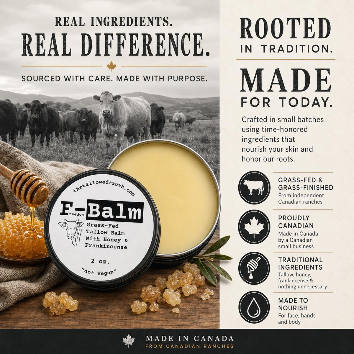 The Tallowed Truth F-Balm - All-In-One Premium Tallow Balm for Face & Body – Grass-Fed, Grass-Finished with Soft Sweet Scent of Honey & Frankincense – 5 Ingredients Only – Made in Canada - 2 oz 🍁 All In One Marketplace Canada