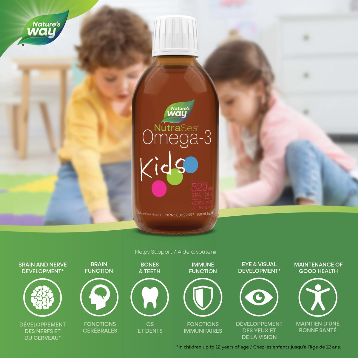 Nature's Way NutraSea Kids Omega 3 + Vitamin D Fish Oil Liquid Supplement for Kids Ages 1 to 14 – Bubblegum Flavour – Brain, Eye & Bone Support – EPA & DHA + GLA + D3, 200 mL 🍁 All In One Marketplace Canada