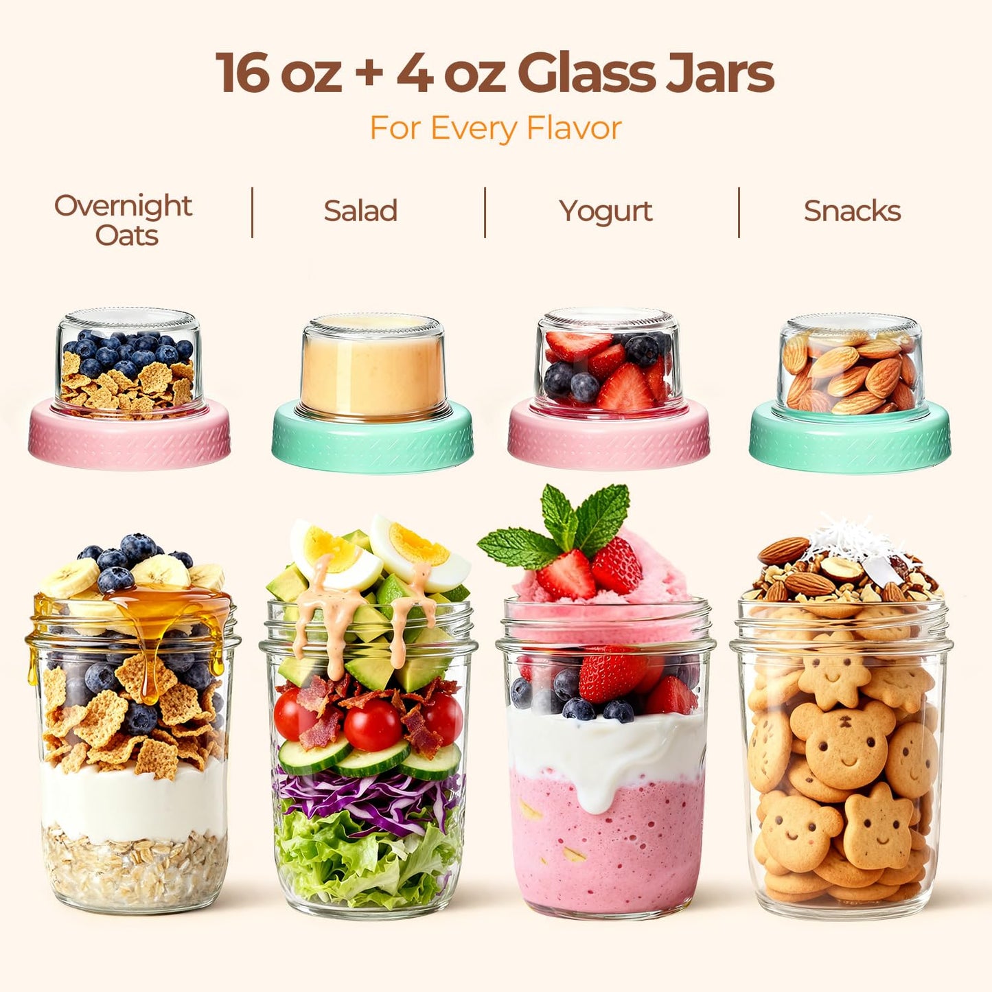 ComSaf Overnight Oats jars with Lids （16oz+4oz 2Pcs）, Dual-Laryer Chia Pudding Jars with Dry and Wet Separation, Yogurt Parfait Contianer for Oatmeal Cereal Nut Fruit, Meal Prep Glass Jars for Salad 🍁 All In One Marketplace Canada