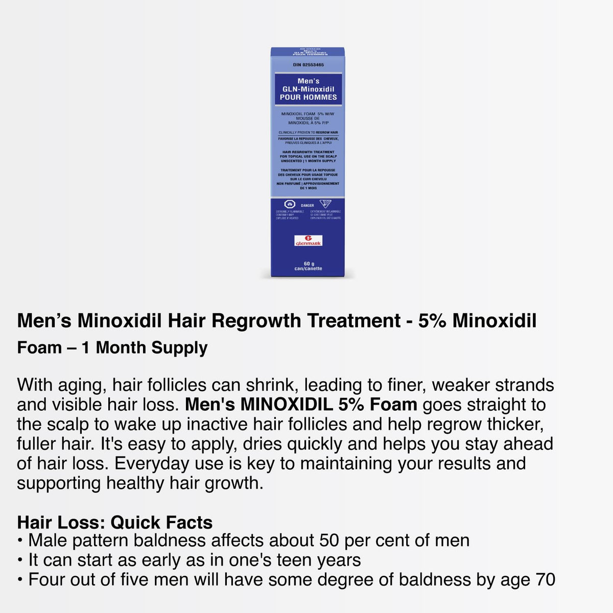 Glenmark | Minoxidil 5% Hair Regrowth Foam for Men, Aerosol Can, 1 Month Treatment (60 gr) – Mess-Free, Fast-Drying Formula for Thinning Hair & Hair Loss – Reactivates Follicles 🍁 All In One Marketplace Canada