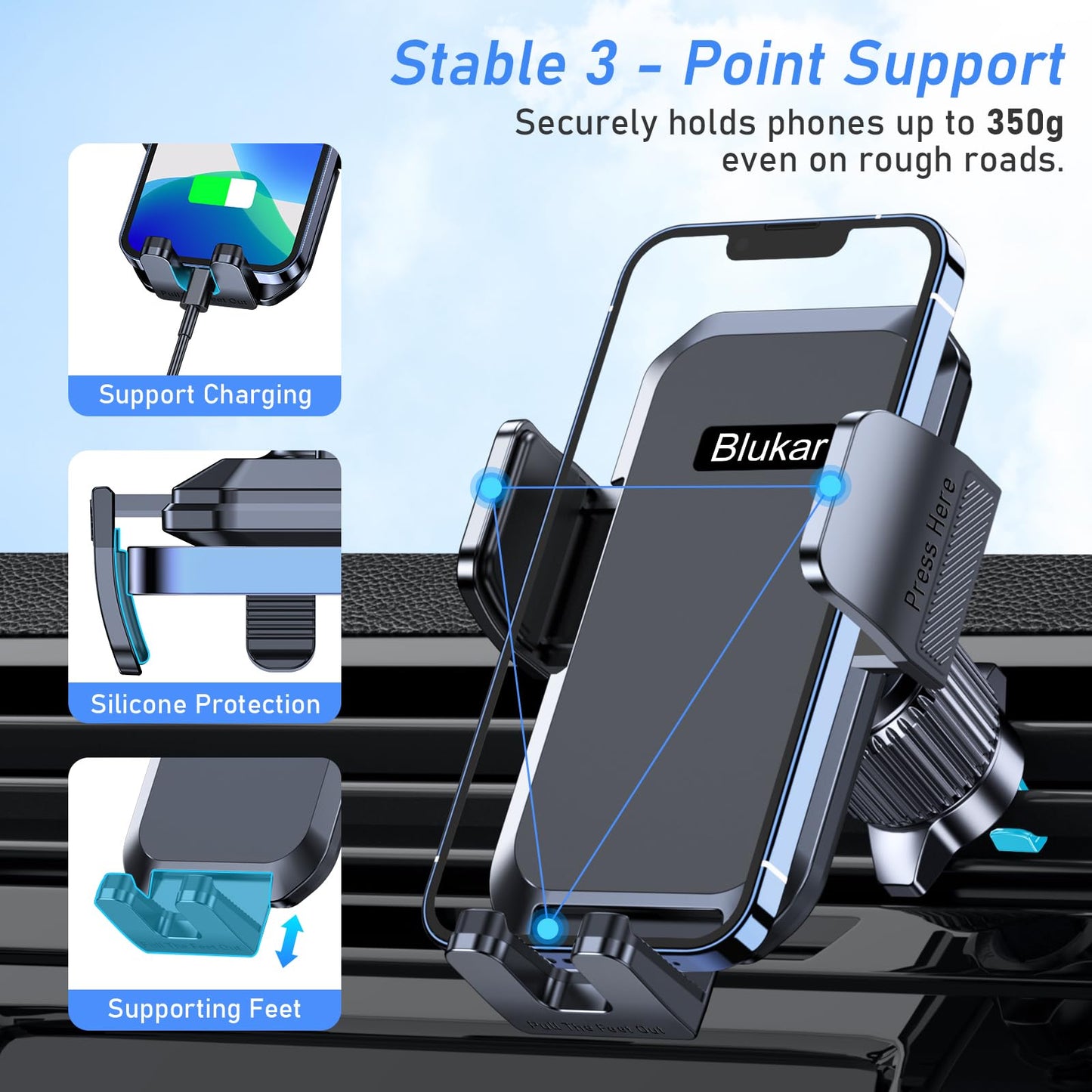 Blukar Phone Holder Car, Air Vent Car Phone Mount with Upgraded Ultra Stable Hook Clip, 360° Rotation, One Button Release Cellphone Holder for iPhone, Google, Galaxy and All Mobile Phones 🍁 All In One Marketplace Canada
