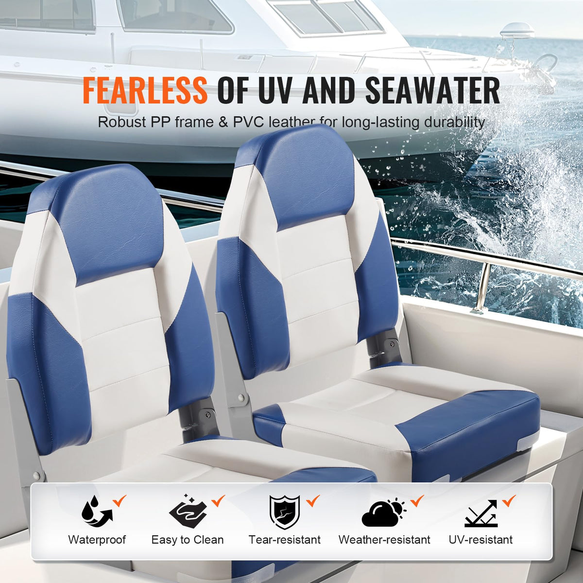 VEVOR High Back Boat Seats, 21.85" Folding Chair with Thickened Sponge Padding and Hinge, Fold-Down Captain Chairs for Fishing, Sightseeing, Speedboat, Canoe, 2-Pack 🍁 All In One Marketplace Canada