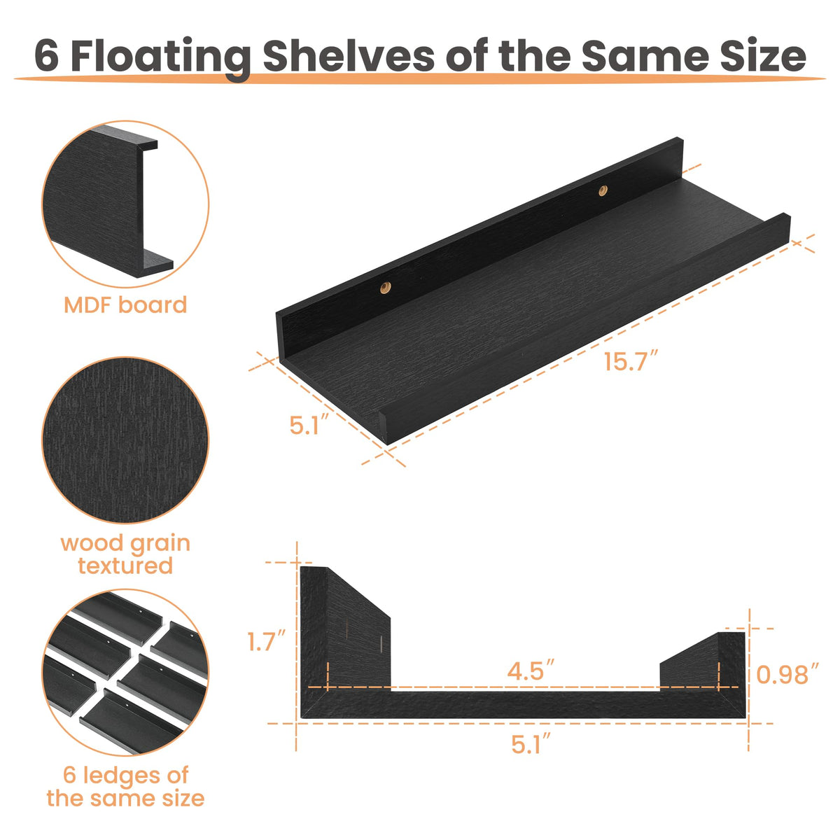 upsimples Floating Shelves for Wall, Decor Storage Set of 6, Wall Mounted Wood Shelves for Bedroom, Living Room, Bathroom, Kitchen, Picture Ledge Shelves, Black 🍁 All In One Marketplace Canada