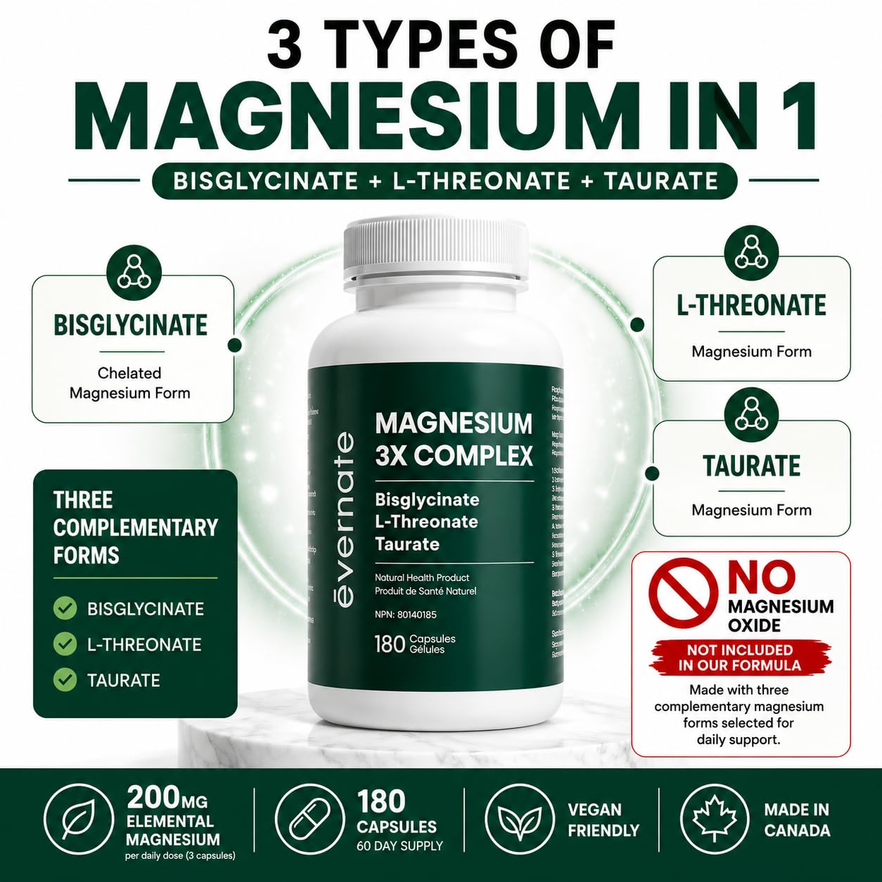 ALL-IN-ONE Magnesium Complex – Magnesium Glycinate (Bisglycinate) Chelated, L-Threonate & Taurate (200mg Elemental per Daily Dose) – Sleep, Stress, Muscle & Heart Support – High Absorption Magnesium Supplement – 180 Vegan Capsules – Made in Canada