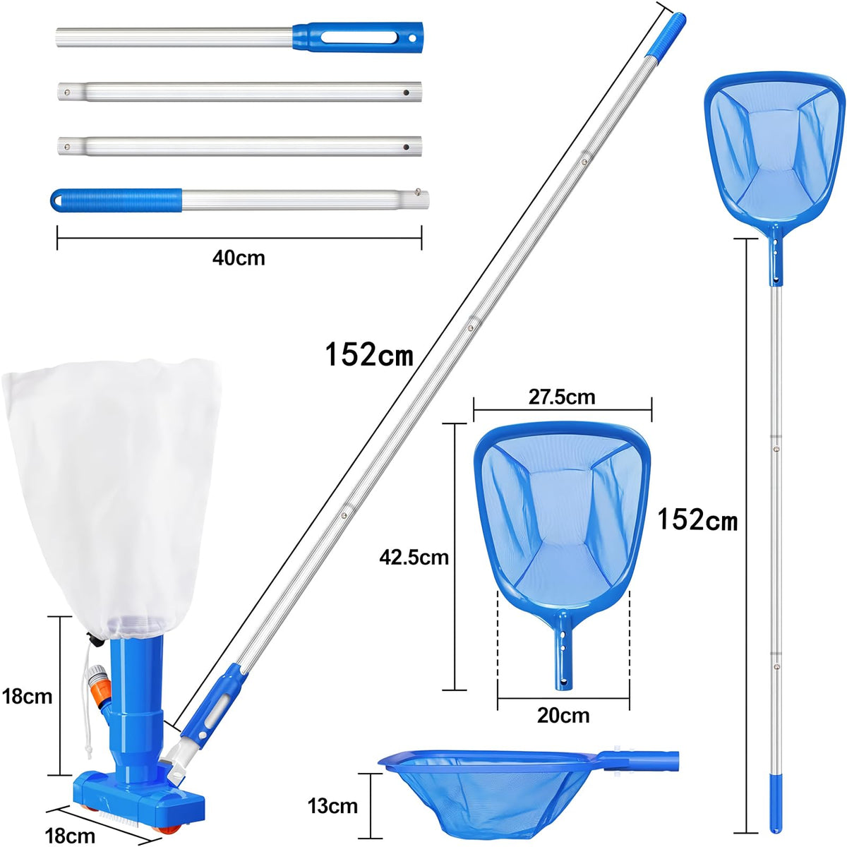 60" Portable Pool Vacuum Jet Underwater Cleaner and Leaf Skimmer Net (No Garden Hose Included), 4 Section Pole of Hand Held Portable Vacuum Pool Cleaner for Above Ground Pool Spa Pond Fountain Hot Tub 🍁 All In One Marketplace Canada