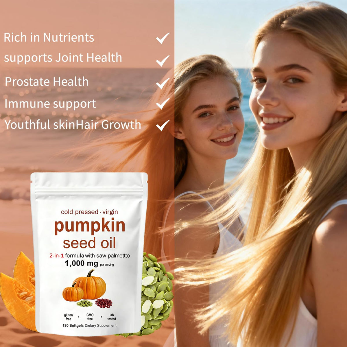 KITABIO Pumpkin Seed Oil Capsules | Pumpkin Seed Oil with Saw Palmetto - Cold-Pressed | Easy-to-Swallow Softgels – Resealable Package | Non-GMO - 180 Pc/1 Bag (Z-1) 🍁 All In One Marketplace Canada