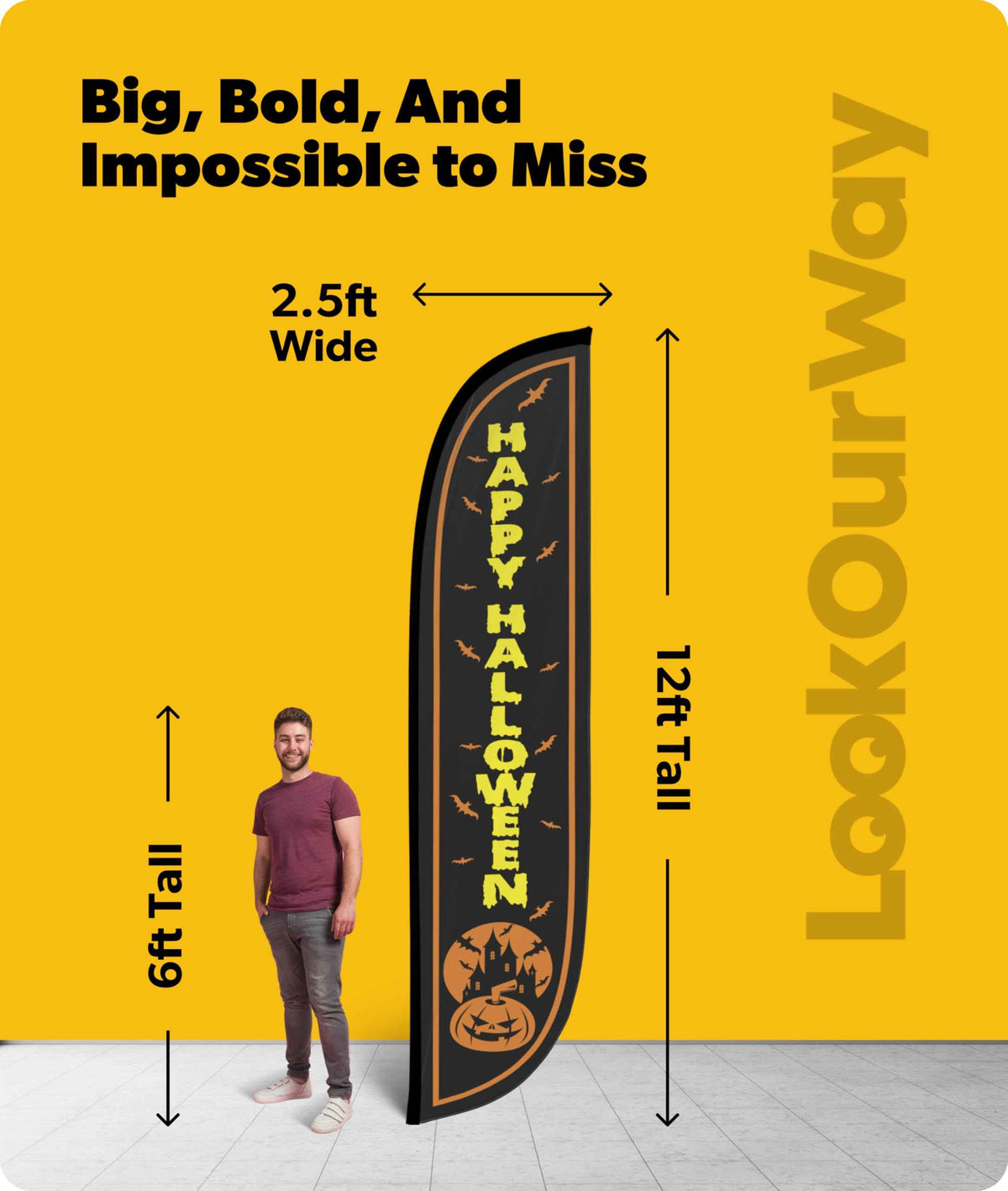 LookOurWay Happy Halloween Black Feather Flag, 12'