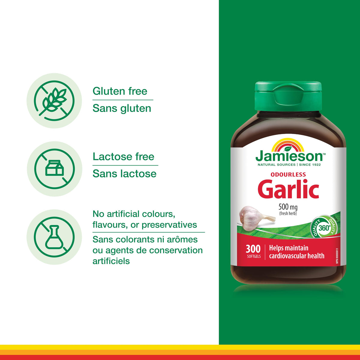 Jamieson Odourless Garlic 500 mg, Supports Heart Health, and Provides Immune Support. Non-GMO, Gluten-Free, 300 Softgels, Proudly Canadian 🍁 All In One Marketplace Canada