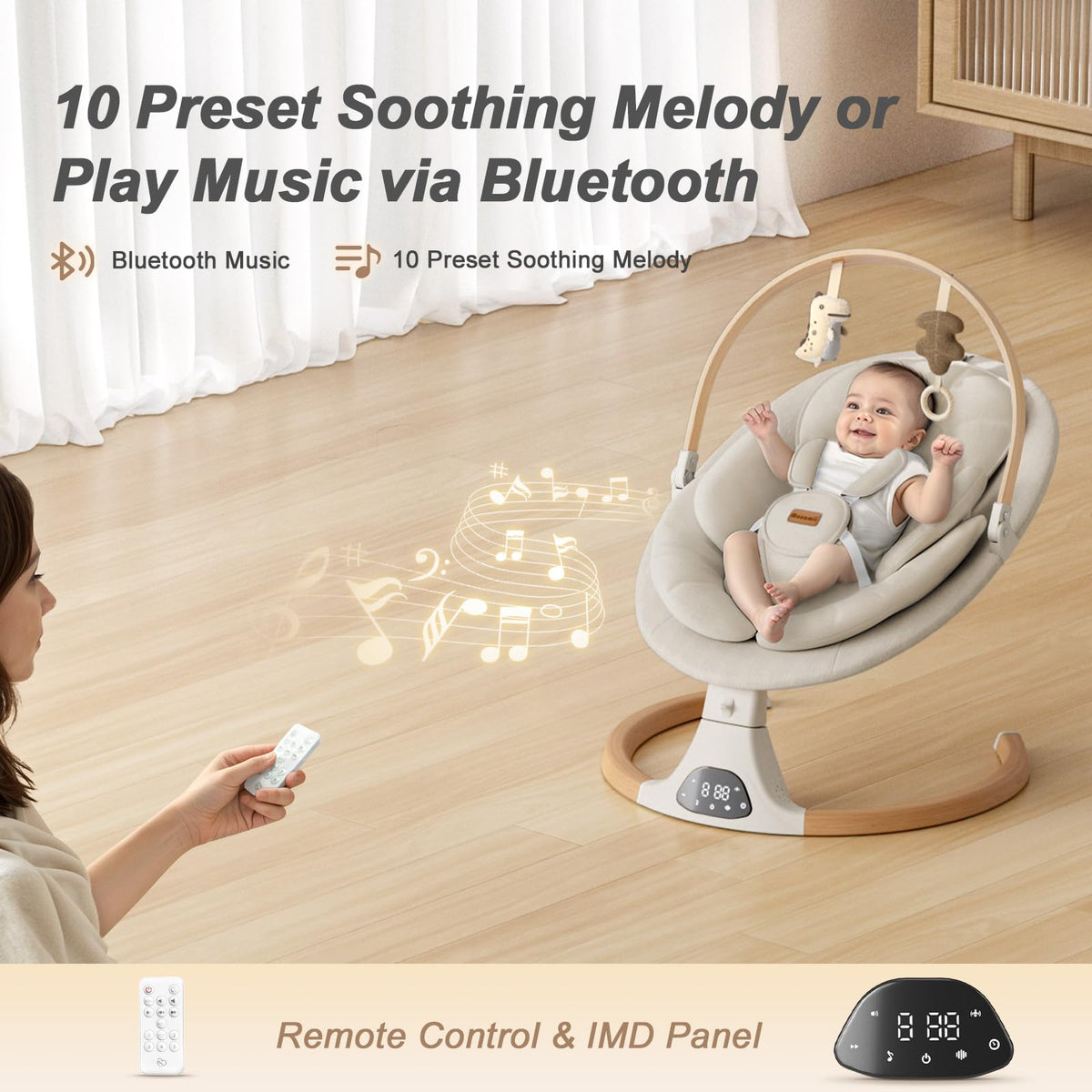 Baby Swings for Infants, Monamii Baby Swing, Bluetooth Infant Swing with Music Speaker, 5 Speeds and Remote Control, Electric Swing for Baby, Portable Baby Swing, Indoor & Outdoor Use (Light Beige) 🍁 All In One Marketplace Canada