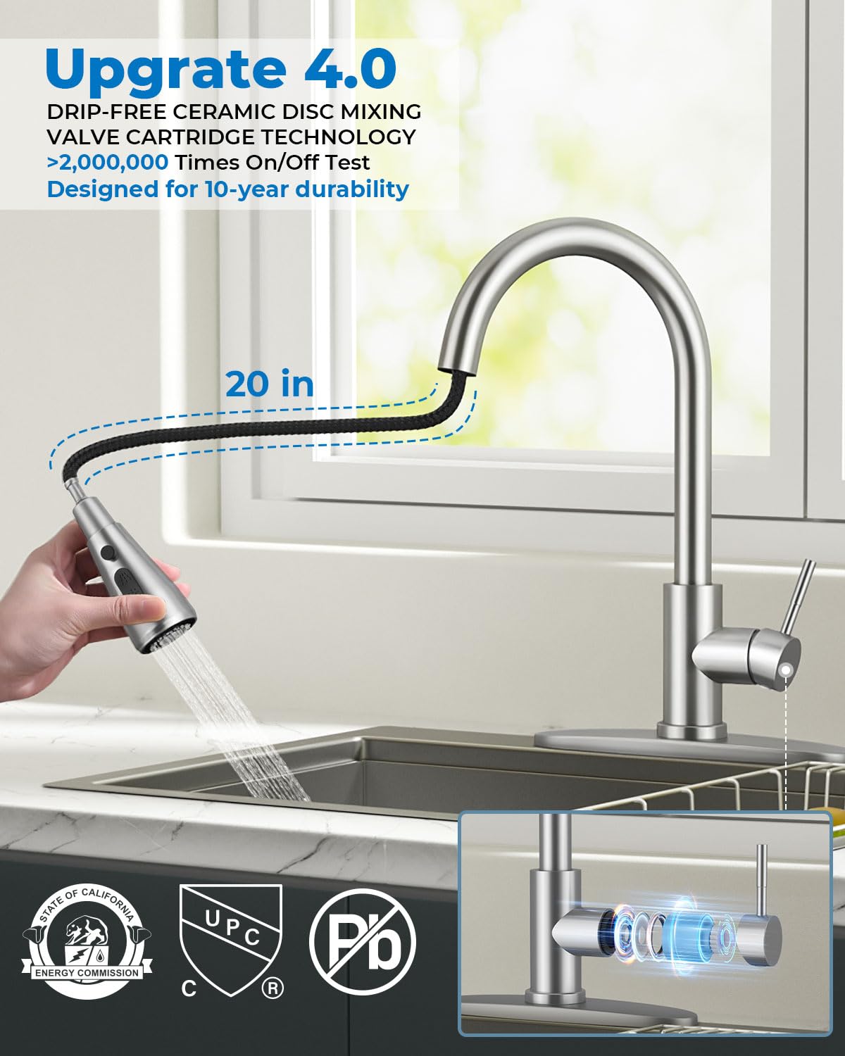 WEWE Pull-Down Kitchen Faucet with Sprayer 3 Modes, High Arc Stainless Steel with Brushed Nickel Finish, for 1 or 3 Hole Kitchen Sinks for Pot Filler, Farmhouse Bar Laundry 🍁 All In One Marketplace Canada