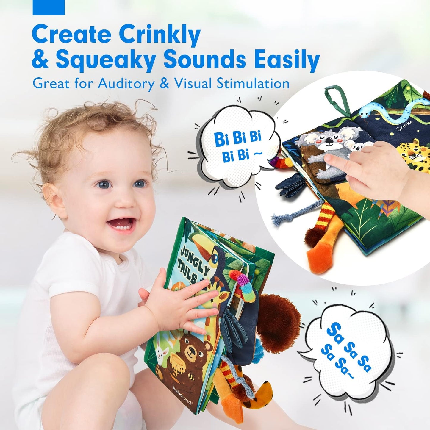 hahaland Baby Book Toy 0 3 6 12 Months - Touch and Feel First Crinkle Cloth Soft Book for Babies 0 Months, Baby Boy Girl Gifts for Newborn Infant - Jungly Tails Theme 🍁 All In One Marketplace Canada