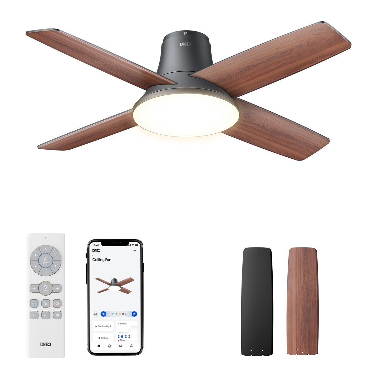 Dreo Ceiling Fans with Lights, 12 Speeds & 3 Fan Modes, Quiet DC Motor, Low Profile Easy to Install, Flush Mount Smart Ceiling Fan with Dimmable LED, 12H Timer for Bedroom, Remote, Black, 44'' 🍁 All In One Marketplace Canada