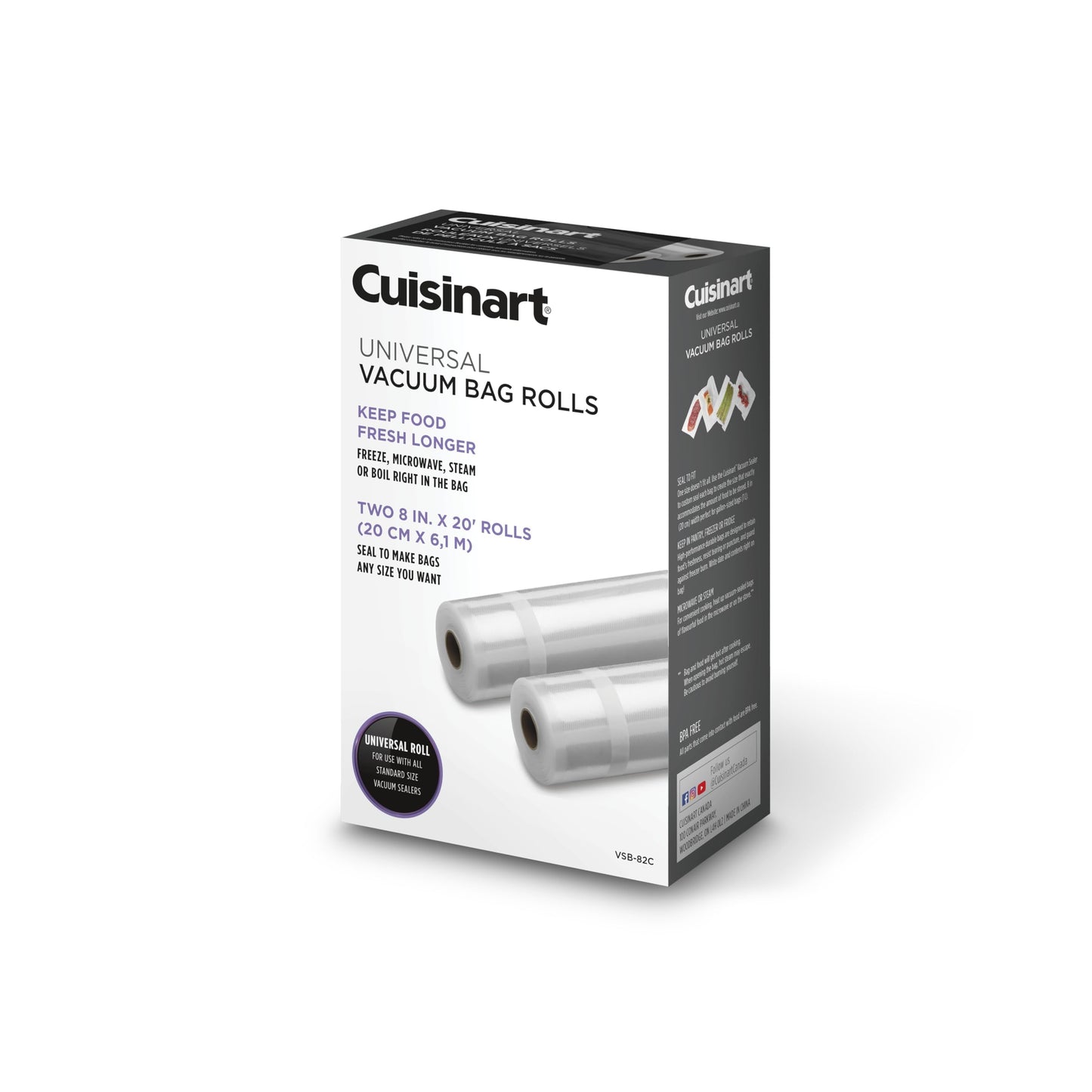 Cuisinart Universal Vacuum Food Saver Sealer Bags 2-Pack 8" x 20ft. Rolls (VSB-82C) BPA Free, Microwave & Freezer Safe , white 🍁 All In One Marketplace Canada