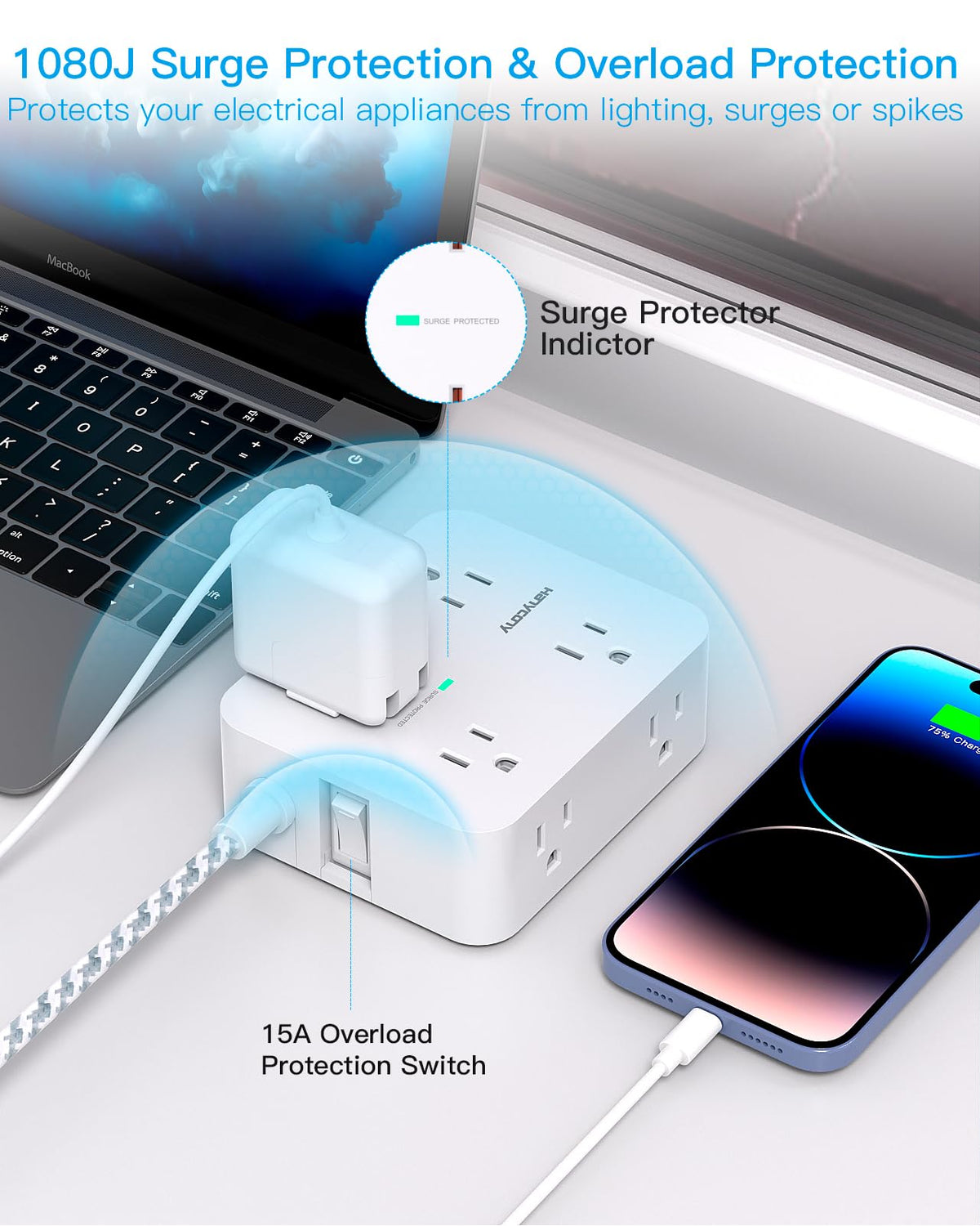 Surge Protector Power Bar - 8 Outlets 4 USB Charging Ports(2 USB C), Power Strip with 5Ft Braided Extension Cord, Flat Plug, Wall Mount Desk USB C Charging Station for Home Office College Essentials 🍁 All In One Marketplace Canada