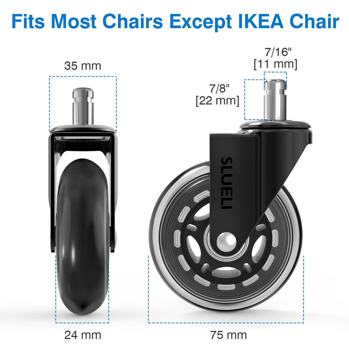 Office Chair Caster Wheels Replacement Rubber Chair Casters (Set of 5), 3 Inch Heavy-Duty Office Chair casters for Hardwood Floors Carpet and Tile Floors Universal fit 🍁 All In One Marketplace Canada