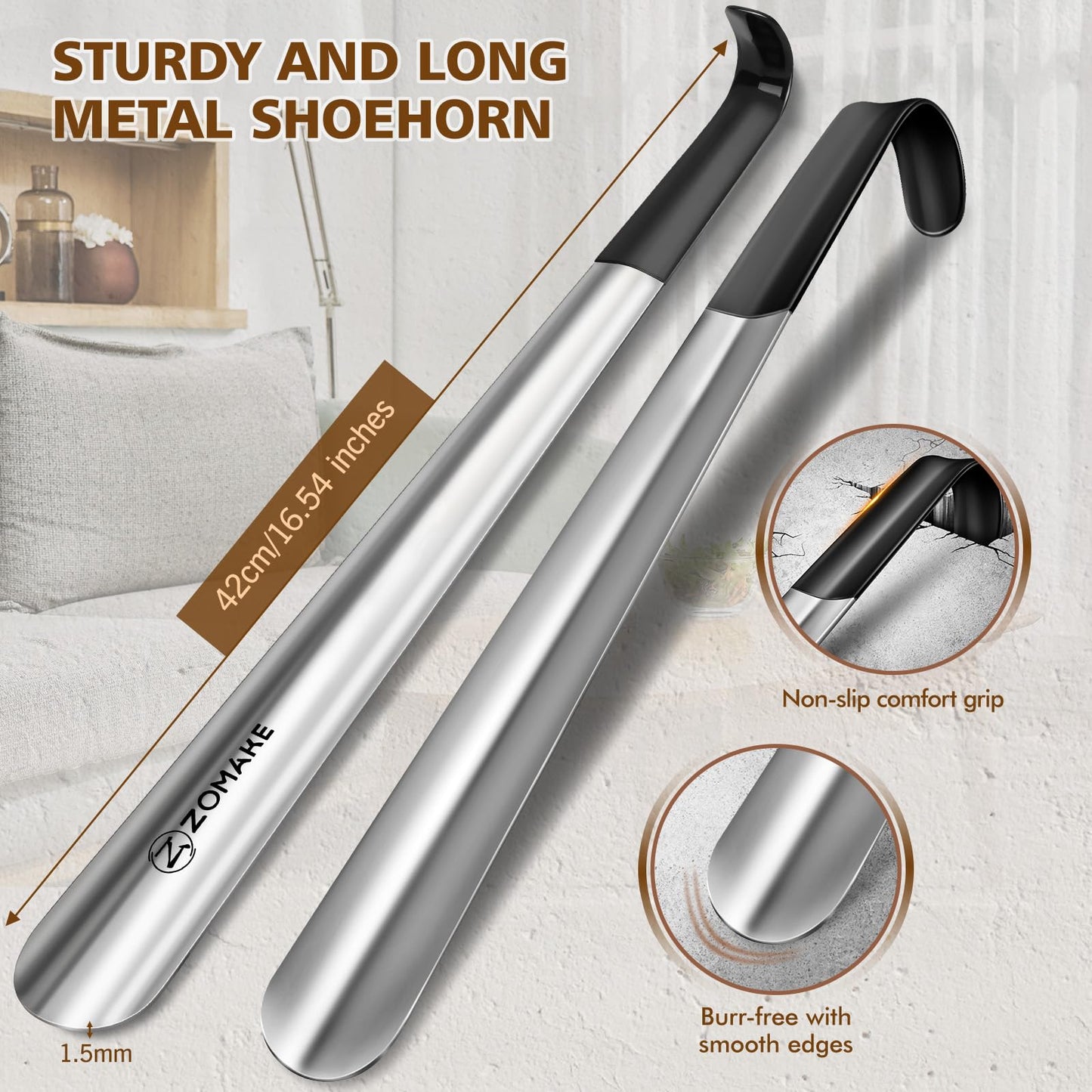 ZOMAKE Shoe Horn Long Handle,Metal Long Shoehorn for Seniors Men Women,2 Pcs 16.5" Boot Shoes Horn Chausse Pied(Black Handle) 🍁 All In One Marketplace Canada