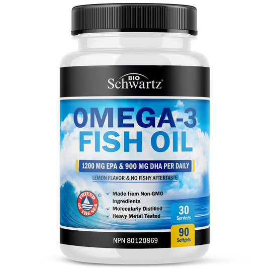 Fish Oil Omega 3 EPA & DHA 2250 mg | Burpless Lemon Flavor Triple Strength Supplement with Fatty Acids from Wild Icelandic Fish | Supports Joint, Eyes, Brain & Skin Health | Non GMO | 90 Softgels 🍁 All In One Marketplace Canada