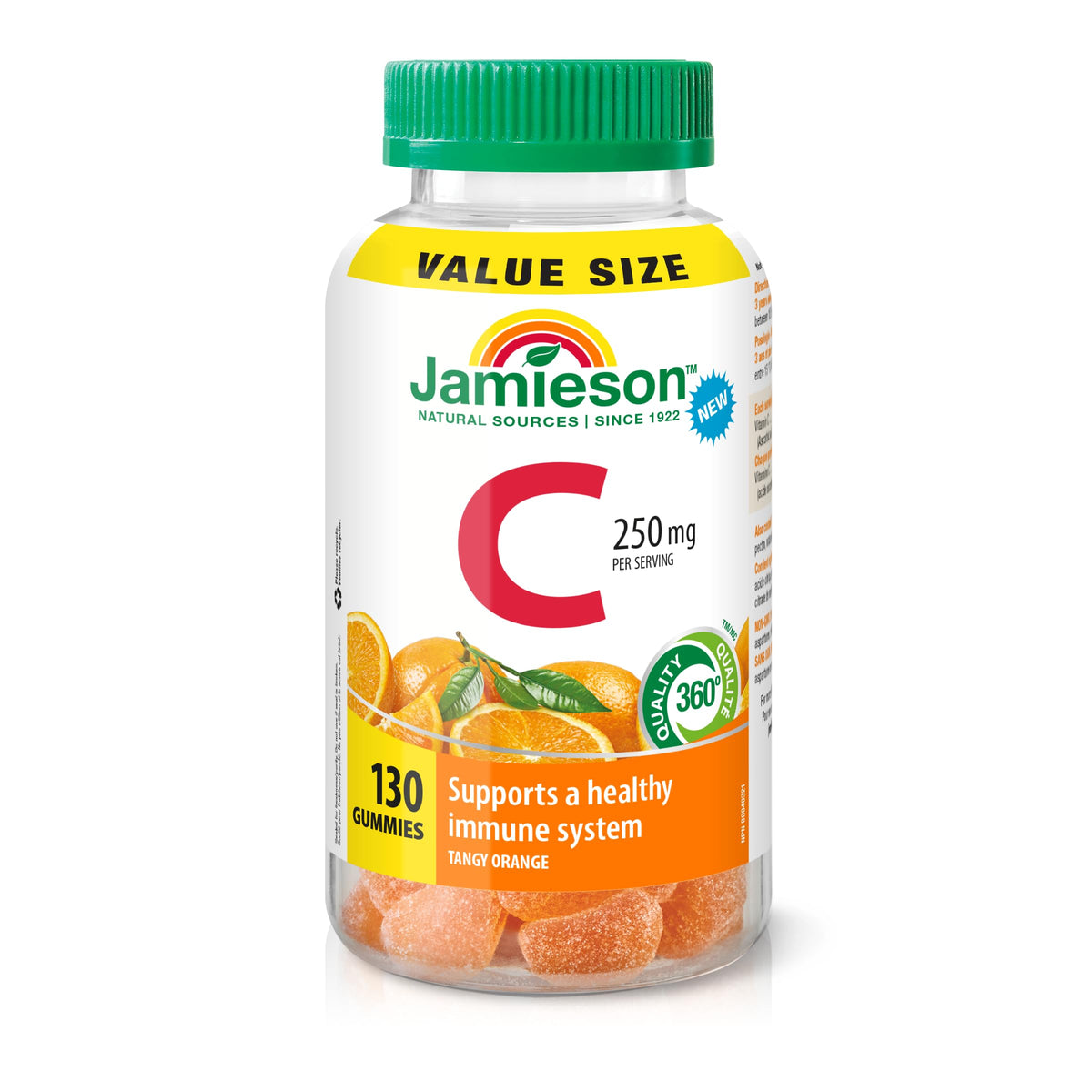 Jamieson Vitamin C 250 mg Gummies, 130 Gummies, Natural Tangy Orange Flavour, Supports Immune Health, Family Friendly (3+), Vegetarian, Non-GMO, No Artificial Flavours, Colours or Preservatives 🍁 All In One Marketplace Canada
