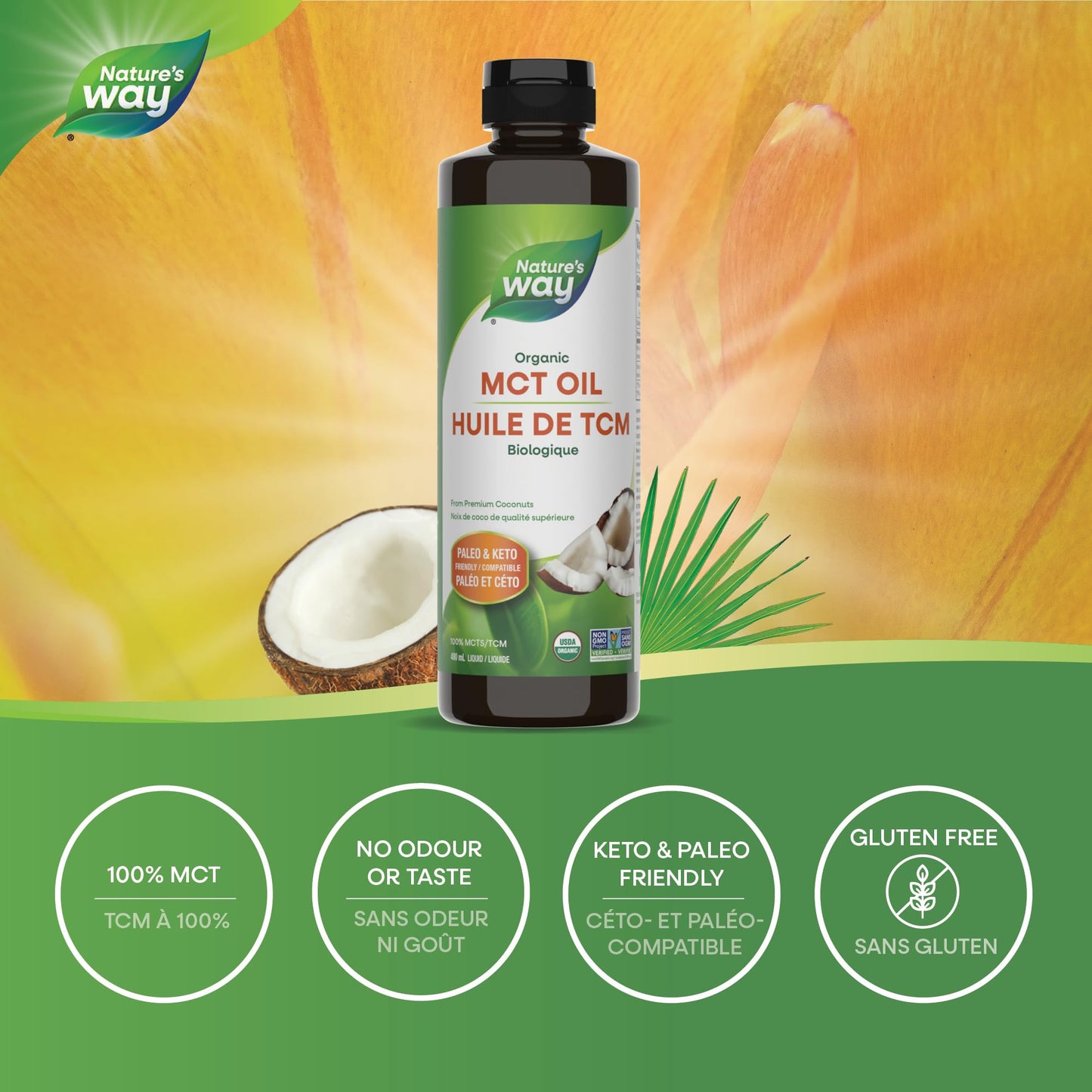 Nature's Way 100% Pure MCT Oil – Organic Coconut-Derived Medium Chain Triglycerides – No Palm or Filler Oils – Keto & Paleo Friendly – Non-GMO, Vegetarian, Gluten-Free, Flavourless – 480 mL 🍁 All In One Marketplace Canada