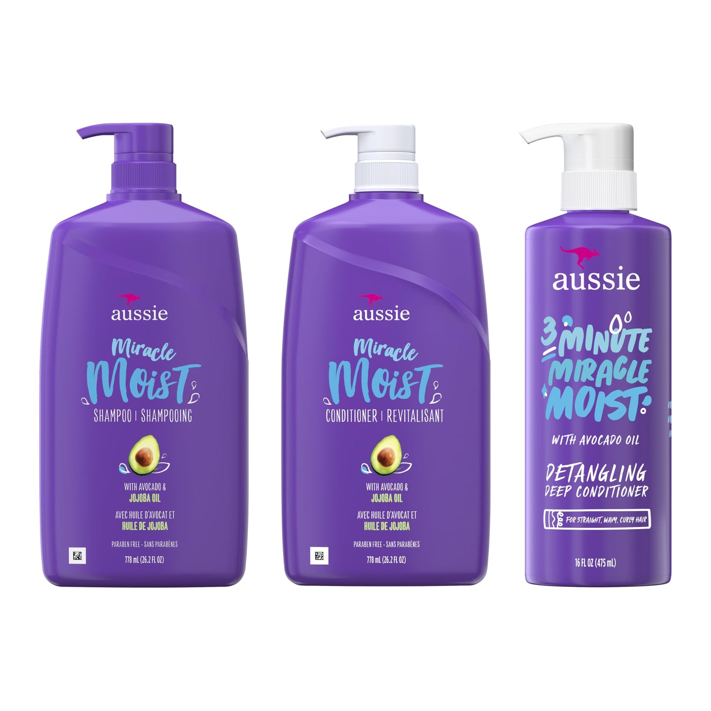 Aussie Miracle Moist Shampoo 778 mL, Miracle Moist Conditioner 778 mL, 3 Minute Miracle Deep Conditioner Hair Treatment 475 mL, Infused with Avocado & Australian Jojoba Oil, 2.03 L Total 🍁 All In One Marketplace Canada